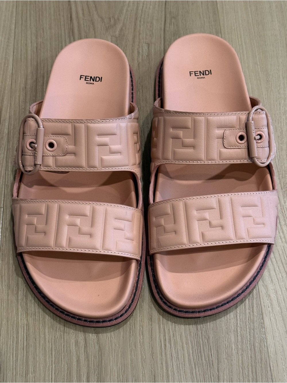 Fendi Pink Bourbon Embossed FF Double-Strap Slide Sandals